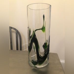 12” tall clear glass vase with green design